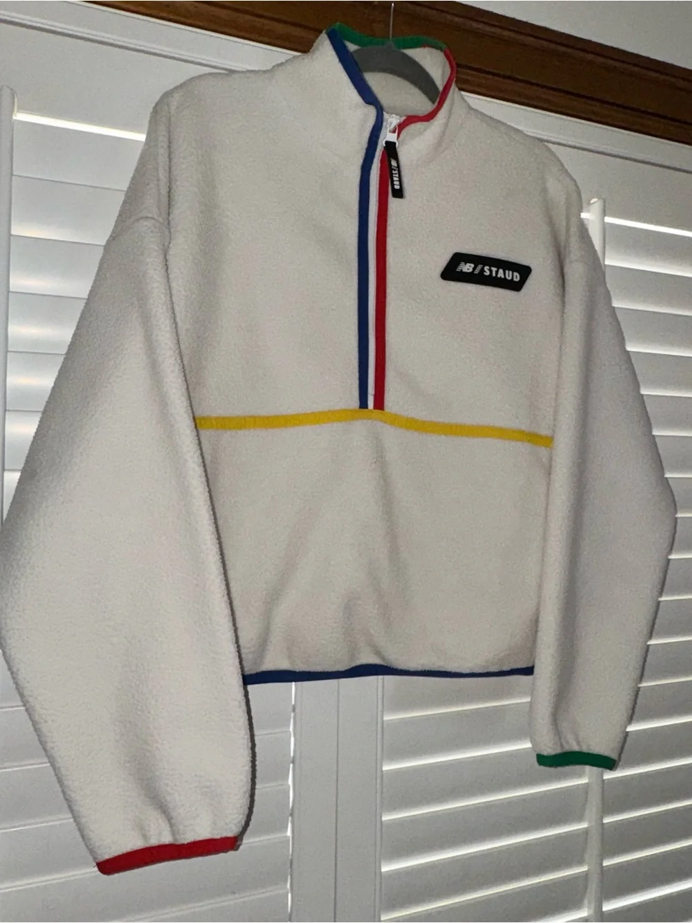 New Balance x Staud Sherpa Pullover | Sz Medium | off white with colored piping - Picture 6 of 9